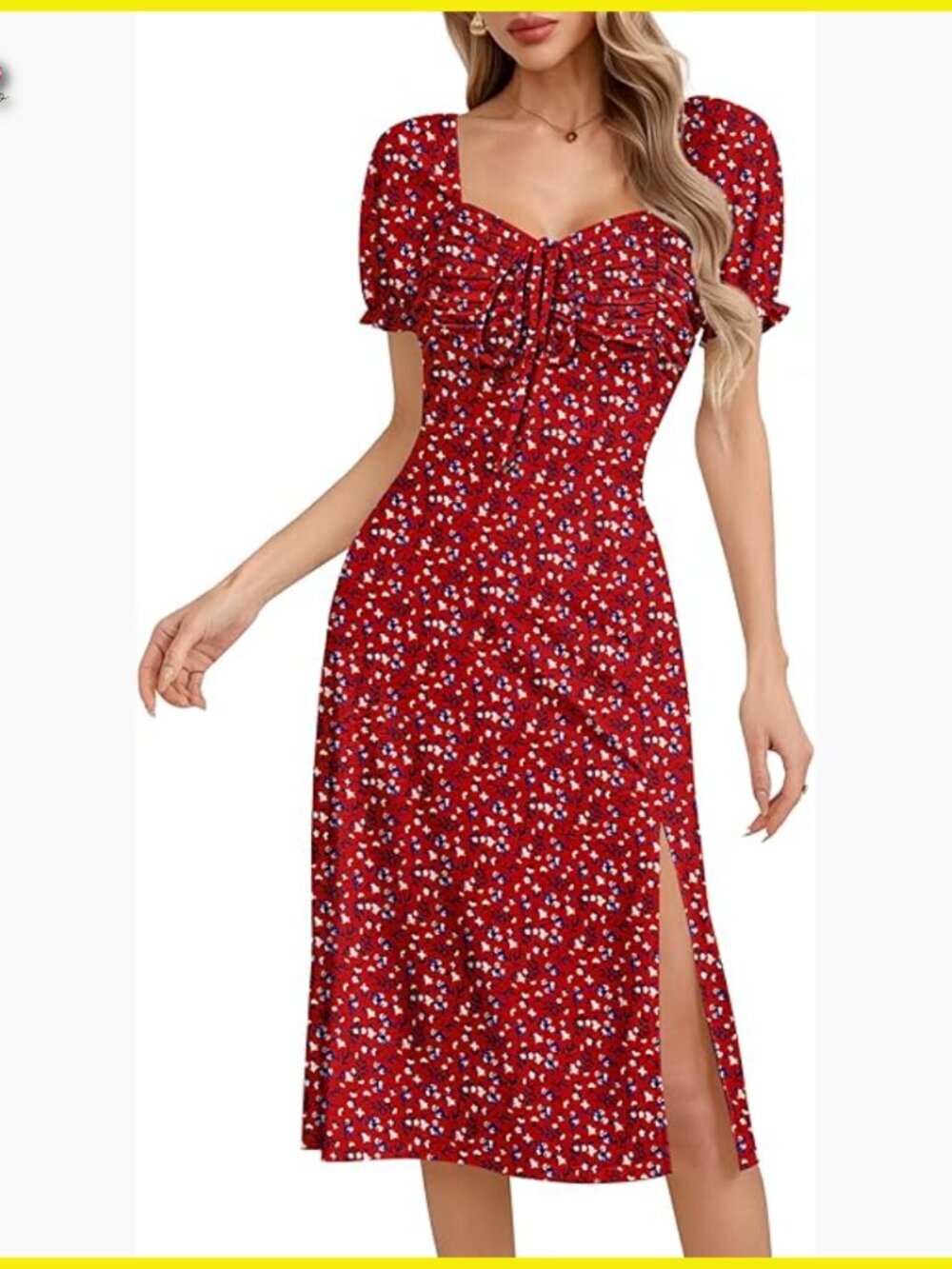 Summer Floral Midi Dress Puff Sleeve Side Split A-Line Sundress Casual Chic